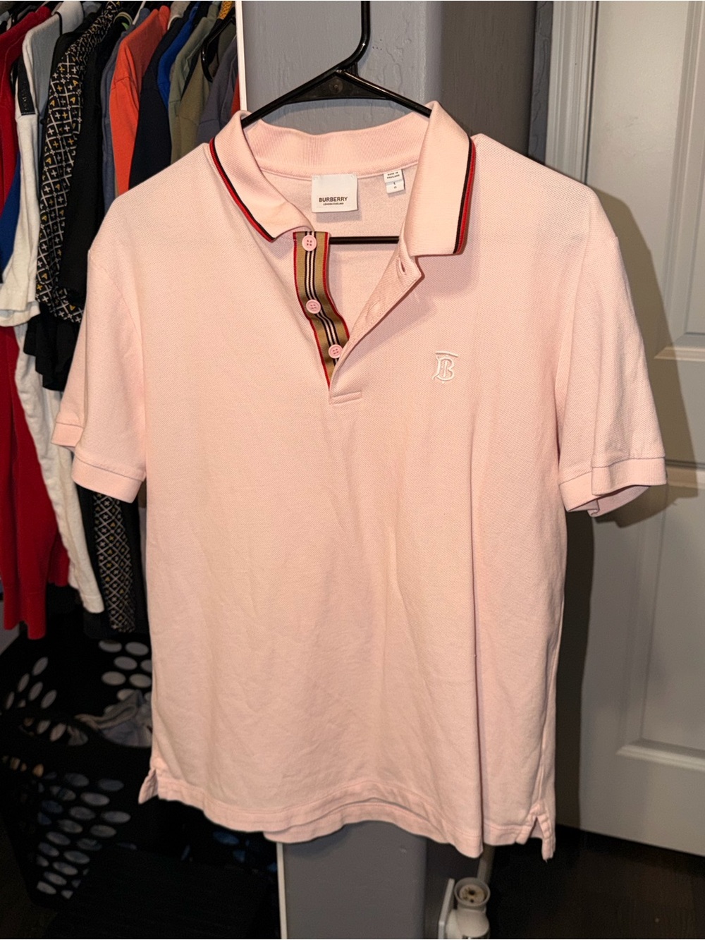 Burberry Light Pink Polo with Contrast Trim and Stripe Placket